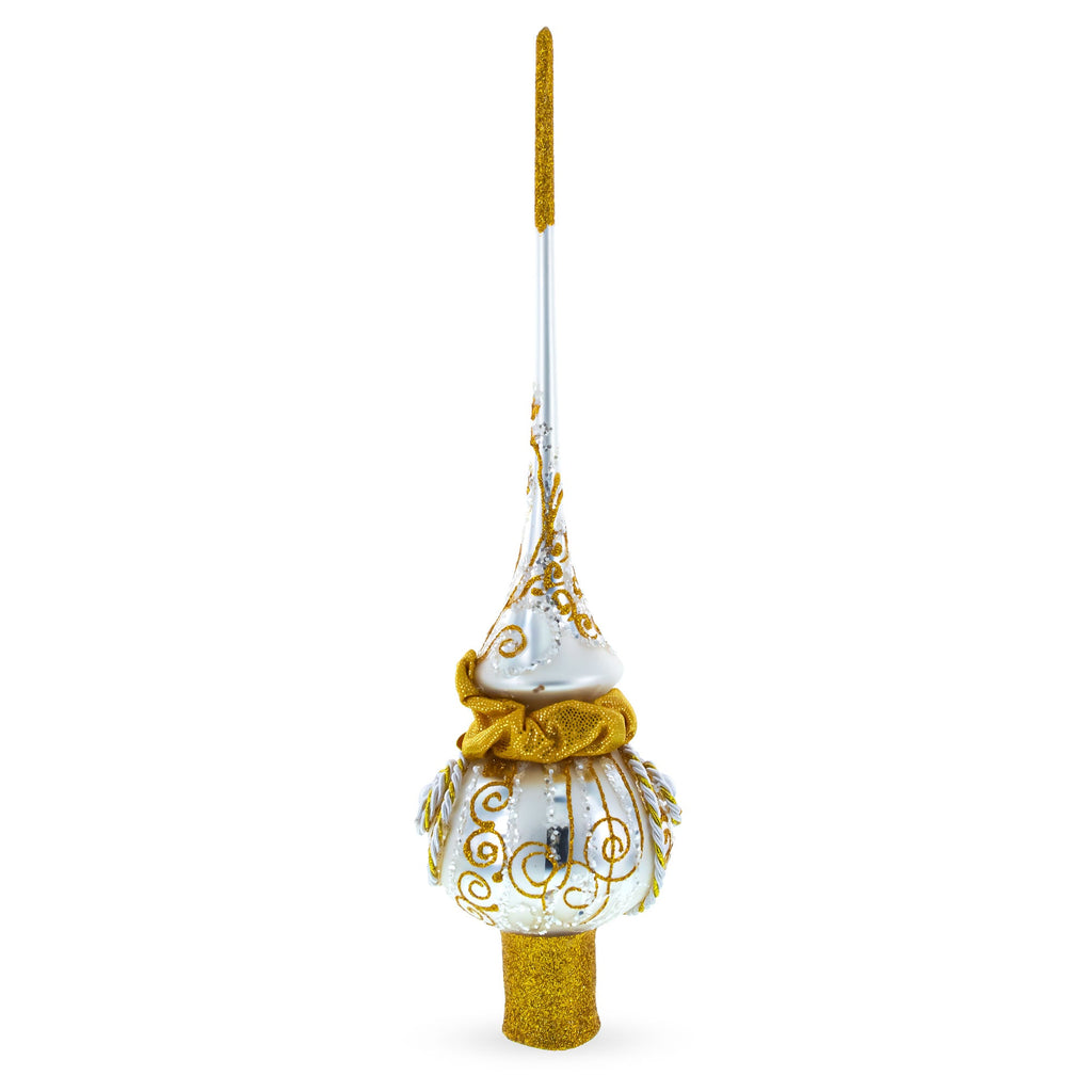 Golden Twisted Rope and Bow on White Glass Christmas Tree Topper 11 Inches
