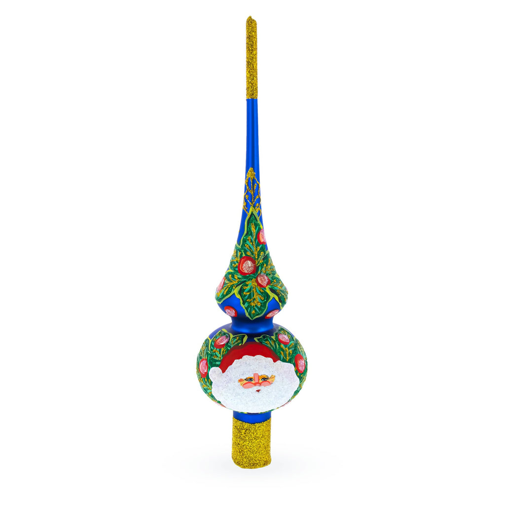 Santa and Mistletoe Wreath on Blue Glass Christmas Tree Topper 11 Inches