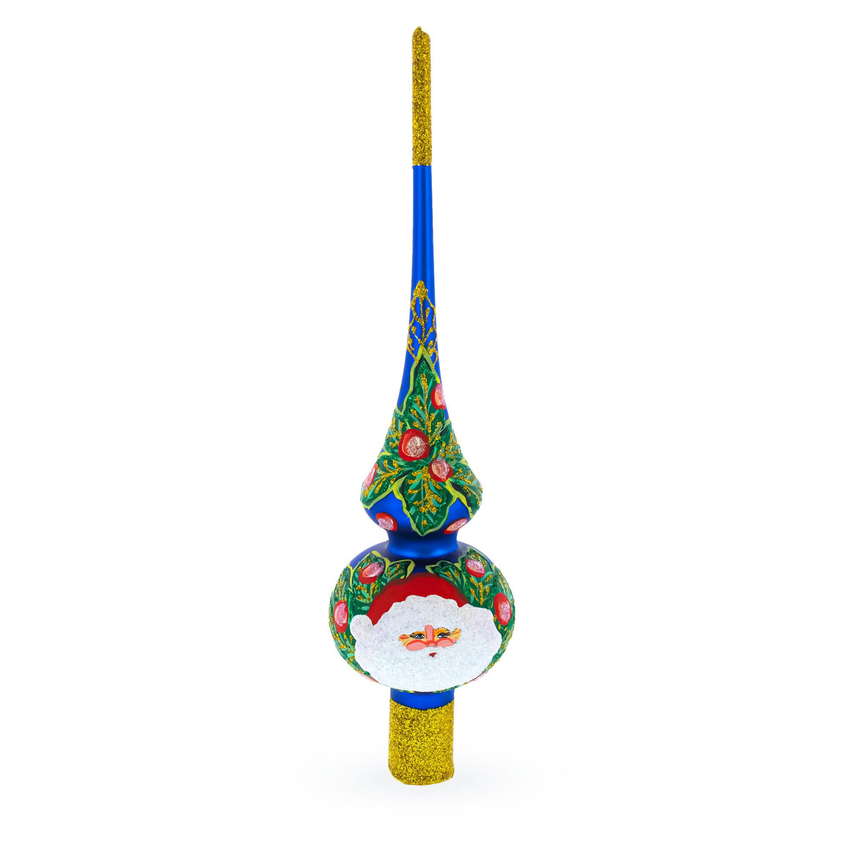 Santa and Mistletoe Wreath on Blue Glass Christmas Tree Topper 11 Inches