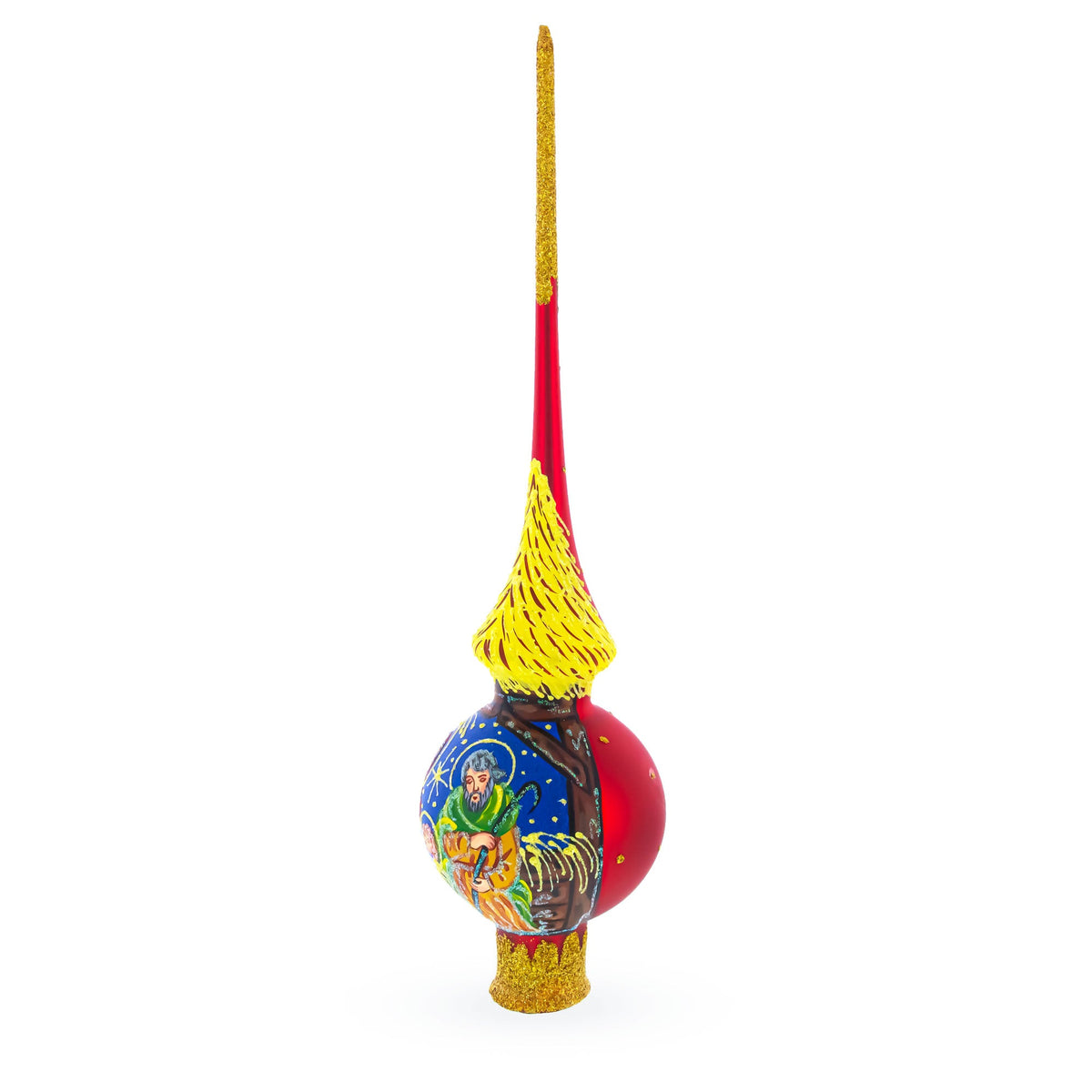 Holy Family on Red Glass Christmas Tree Topper 11 Inches