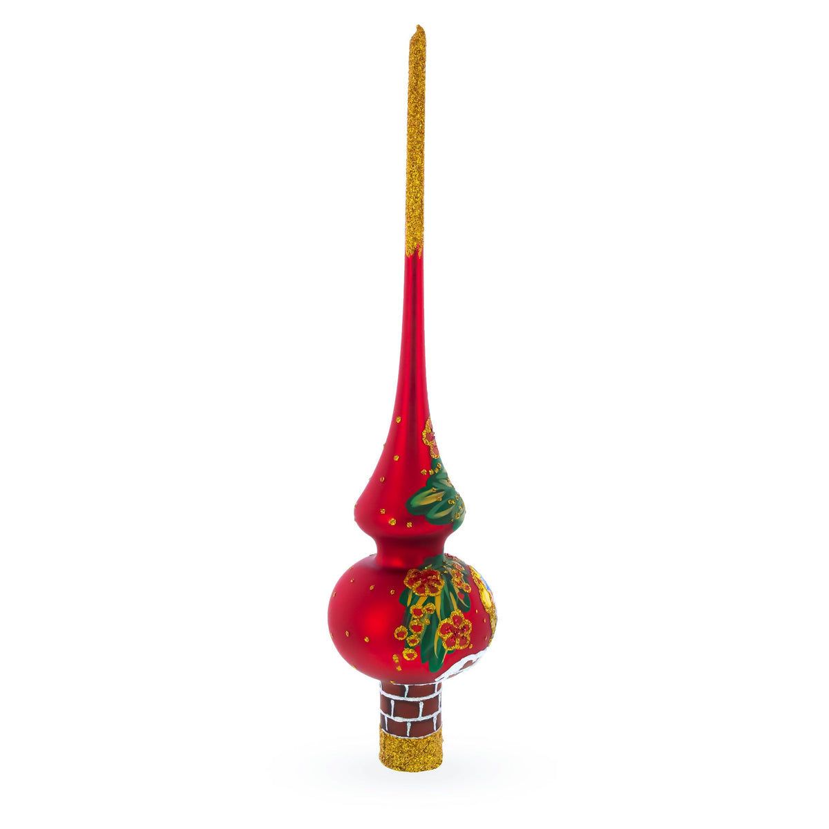 Santa in Chimney & Poinsettia Design Glass Christmas Tree Topper 11 Inches