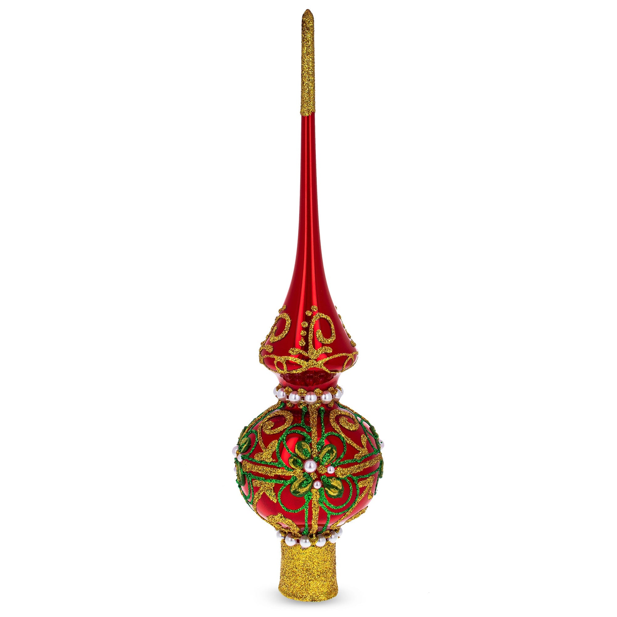 Green & Gold Glitter with Pearls Glossy Red Glass Christmas Tree Topper 11 Inches