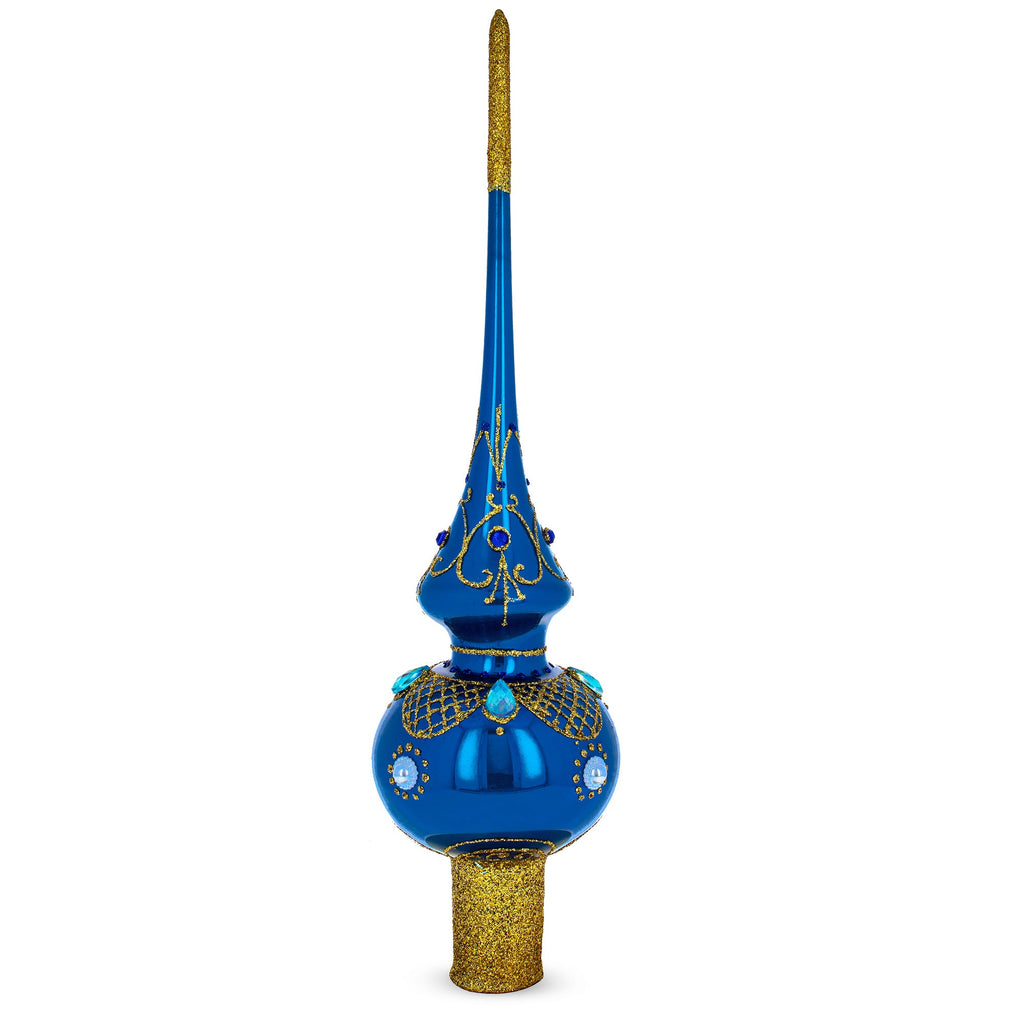 Blue Jewels and White Pearls on Glossy Blue Glass Christmas Tree Topper 11 Inches