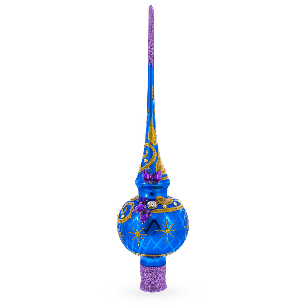 Purple Jewels Golden Leaves on Blue Glass Christmas Tree Topper 11 Inches