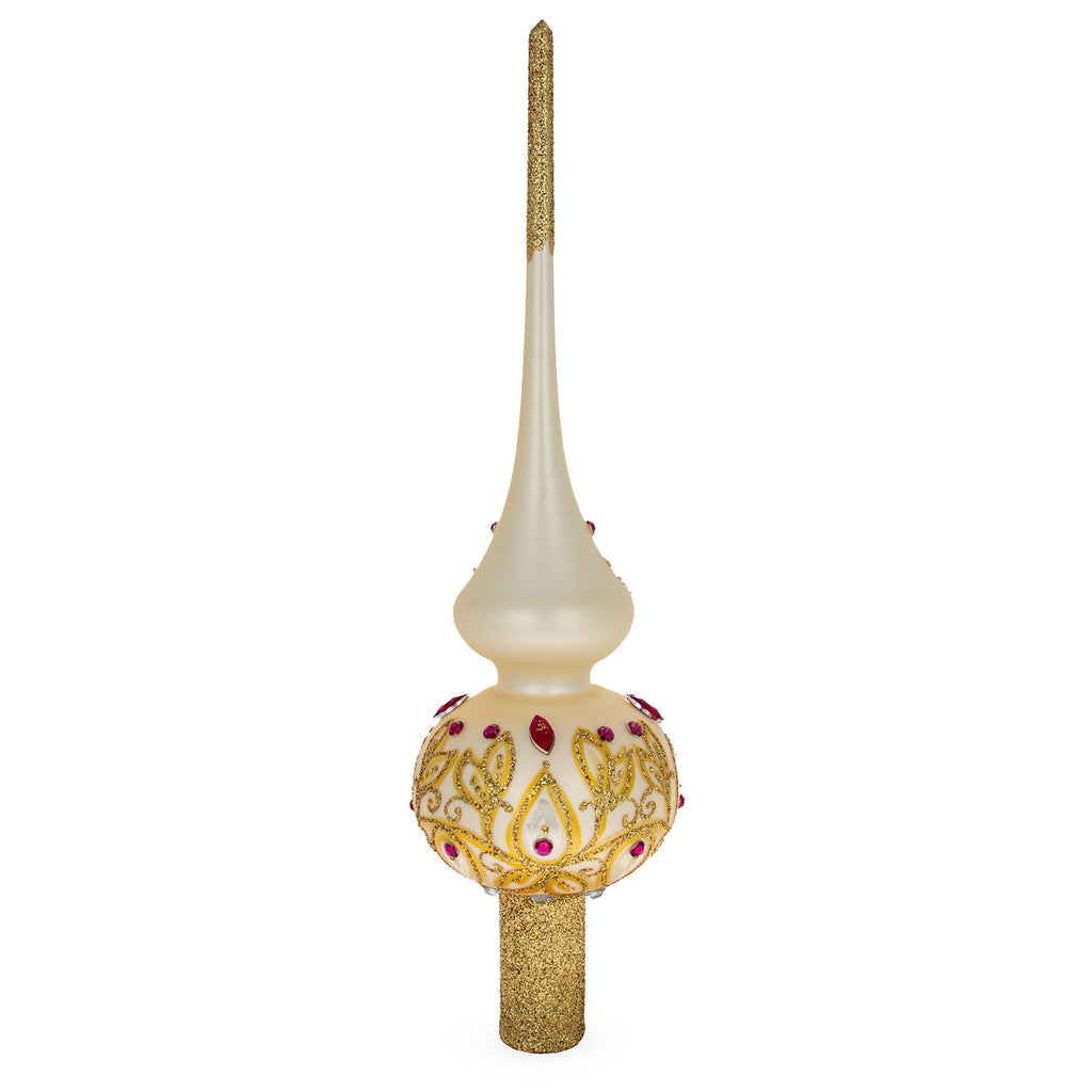 Red Jeweled with Golden Leaves Glass Christmas Tree Topper 11 Inches