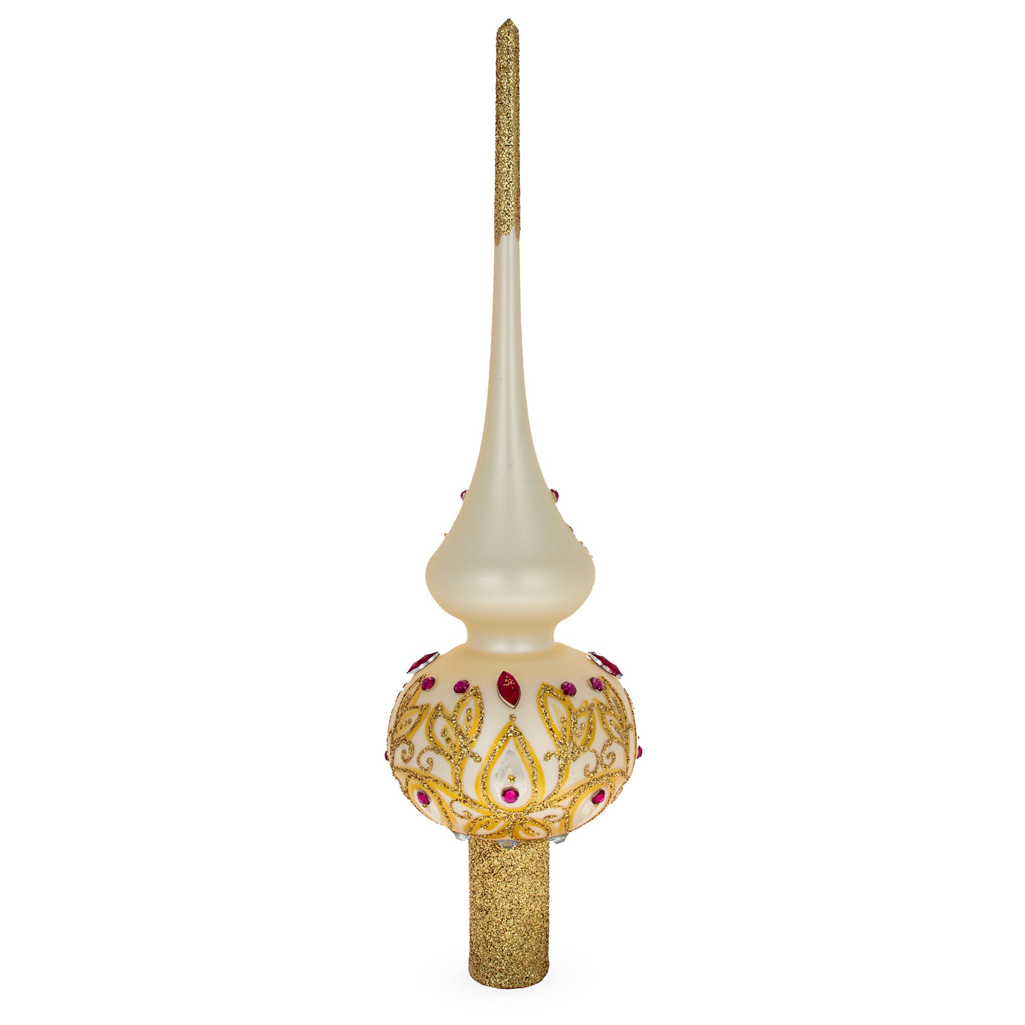 Red Jeweled with Golden Leaves Glass Christmas Tree Topper 11 Inches