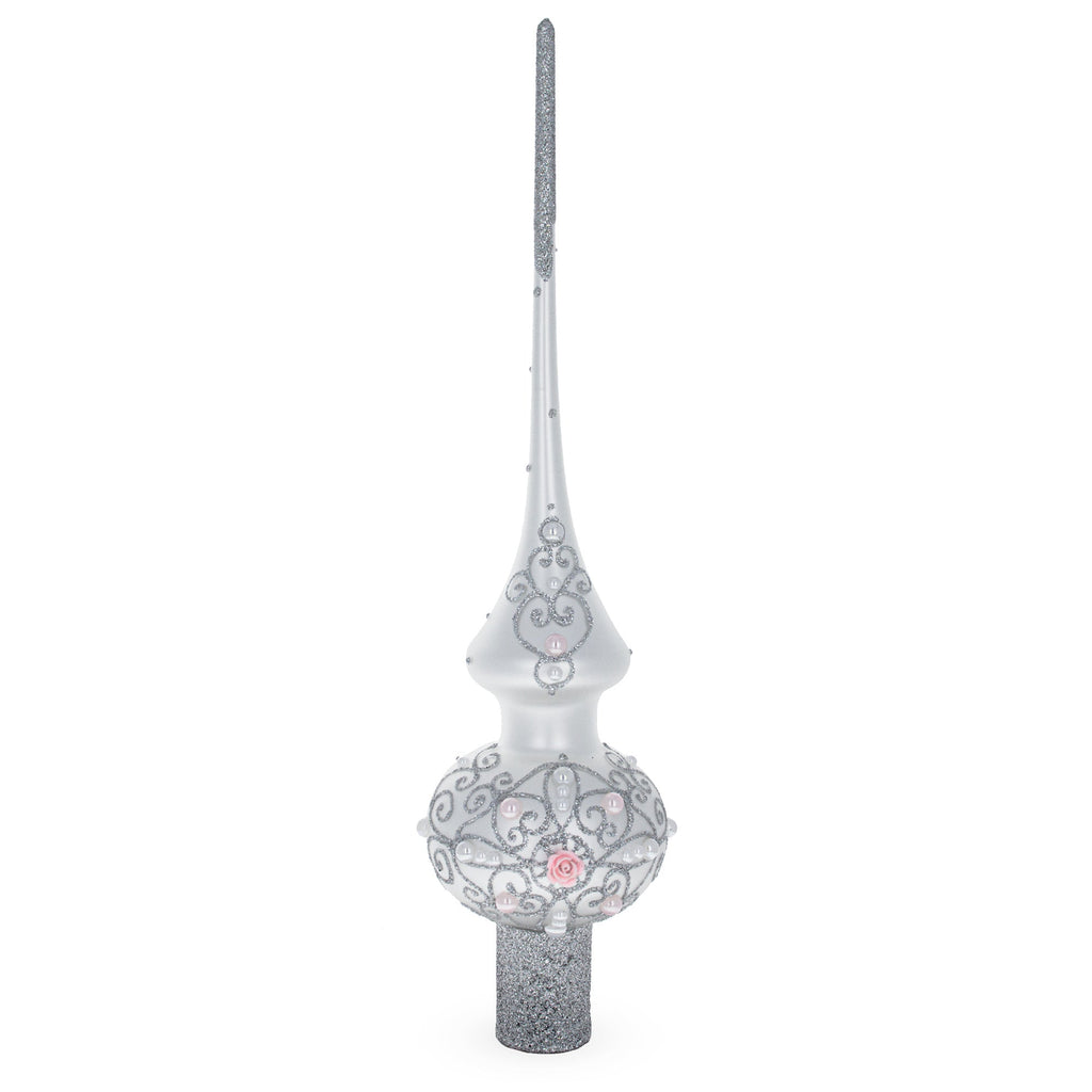 Pink Roses and Pearls on Silver Glass Christmas Tree Topper 11 Inches