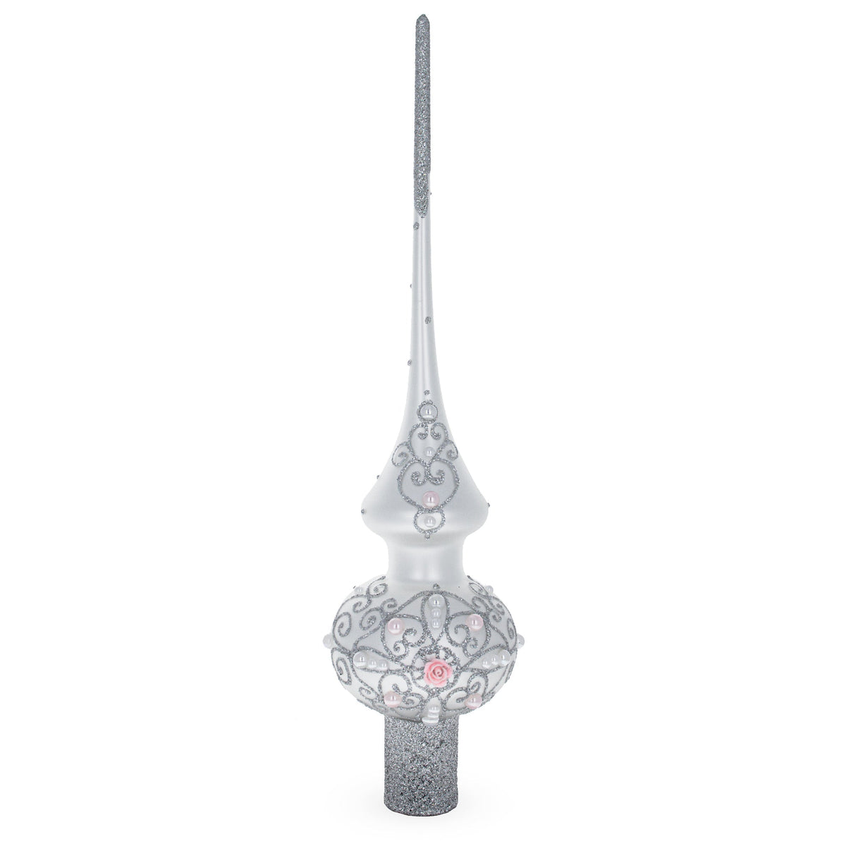 Pink Roses and Pearls on Silver Glass Christmas Tree Topper 11 Inches