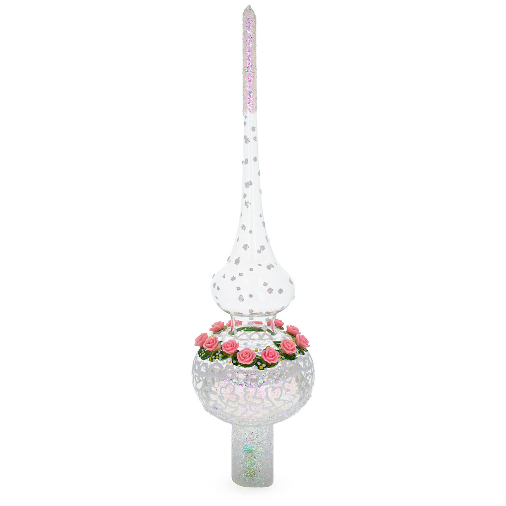 Pink Roses on Silver Swirls and Clear Glass Christmas Tree Topper 11 Inches