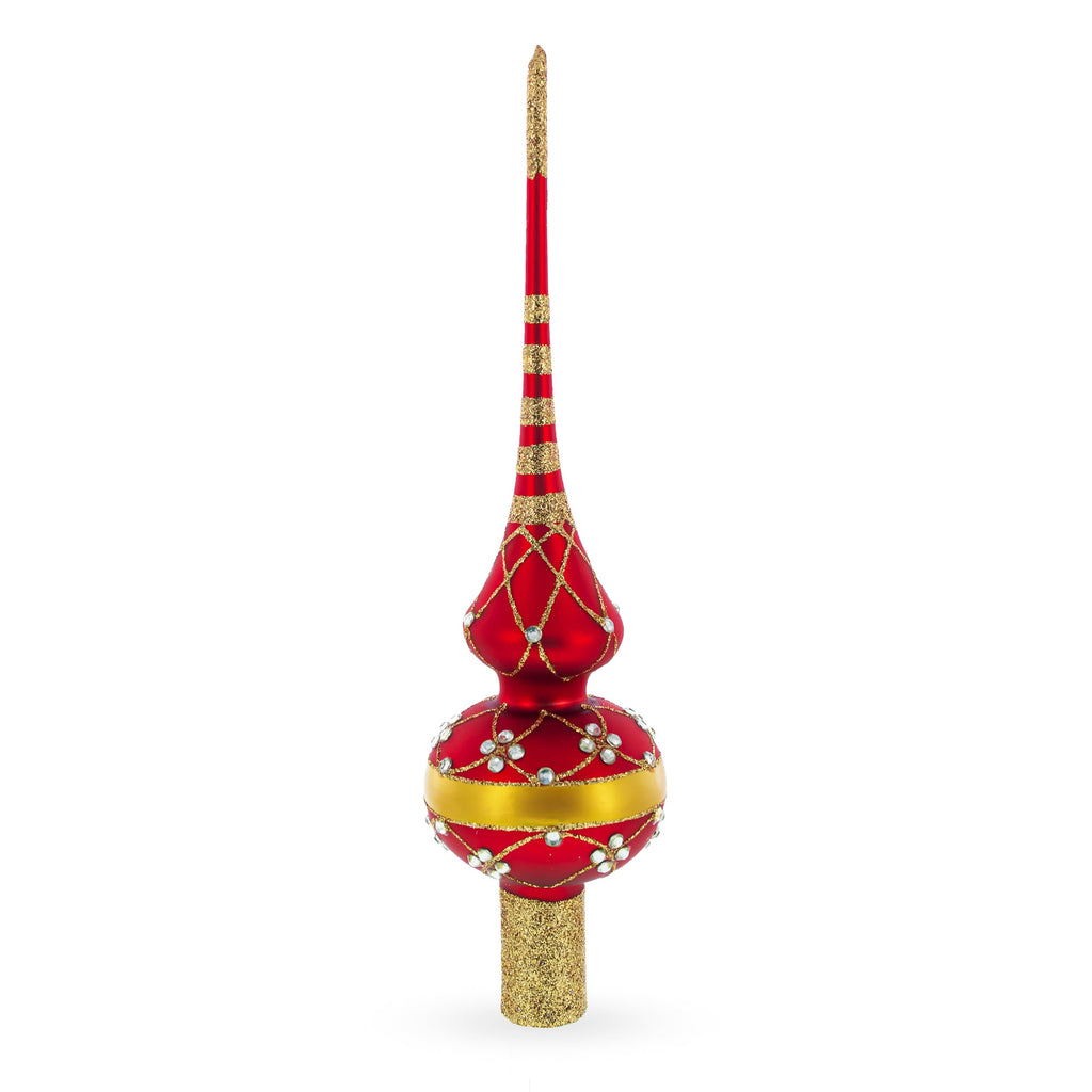 Dimensional White Diamond Trellis on Red Glass Christmas Tree Topper 11 Inches