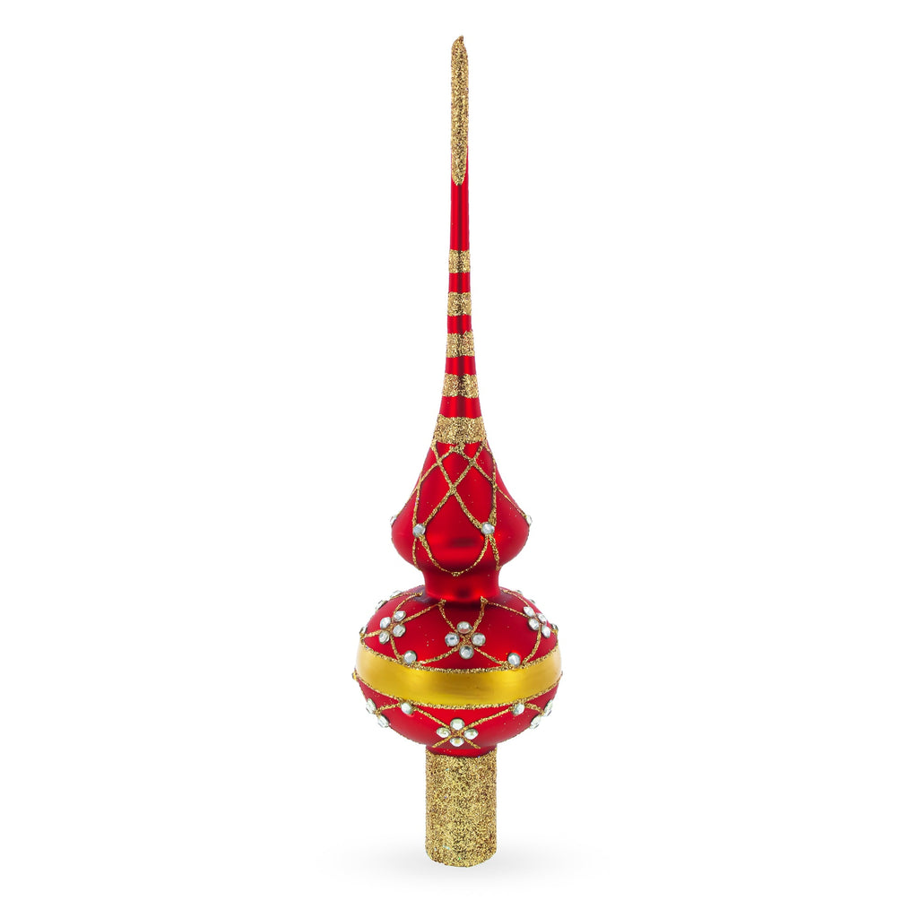 Dimensional White Diamond Trellis on Red Glass Christmas Tree Topper 11 Inches
