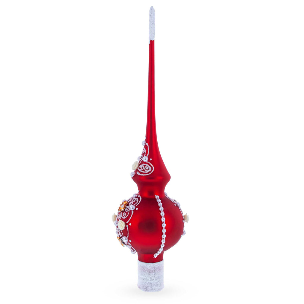 Golden Flowers and Silver Swirls on Red Glass Christmas Tree Topper 11 Inches