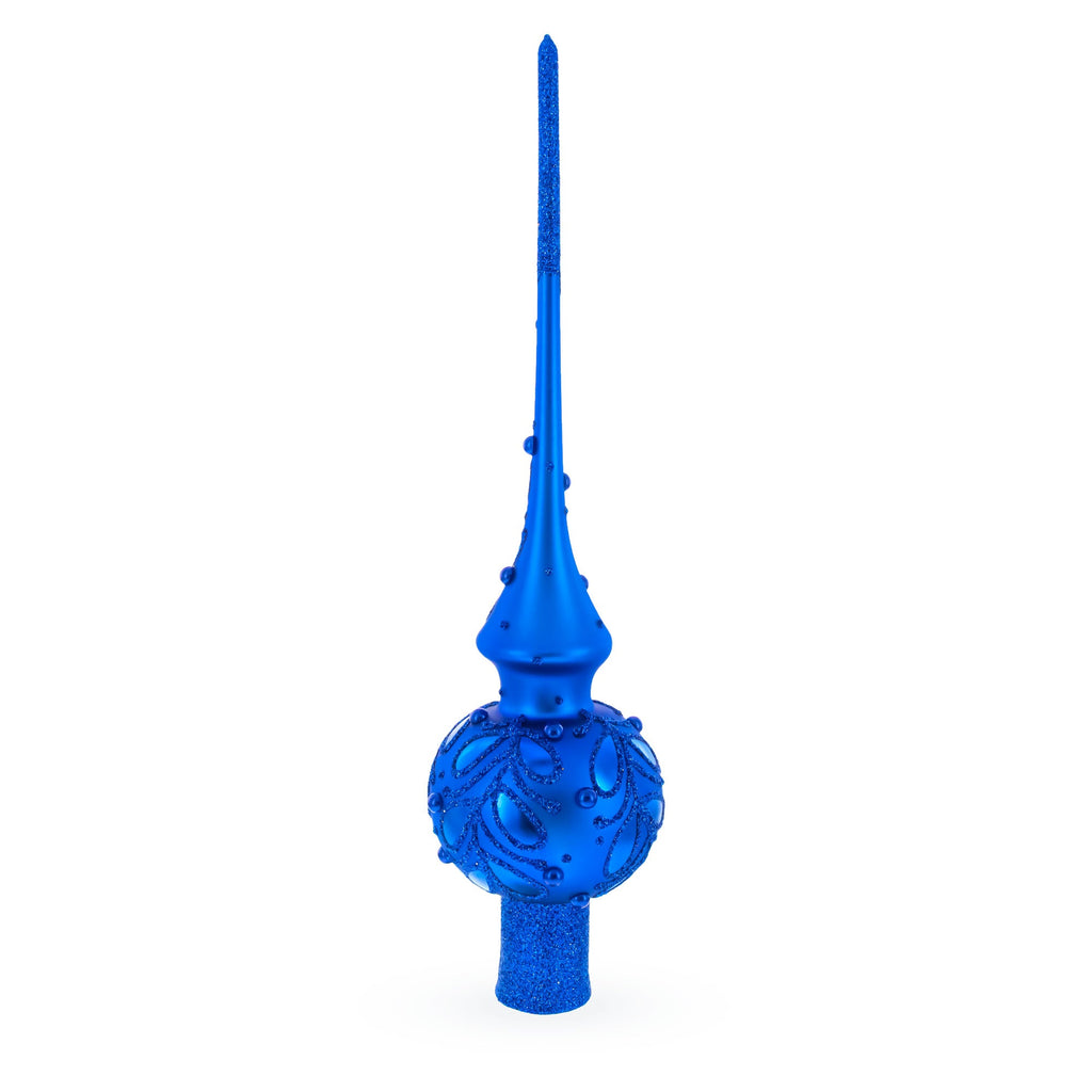 Blue Jewels Scroll on Blue Glass Christmas Tree Topper 11 Inches