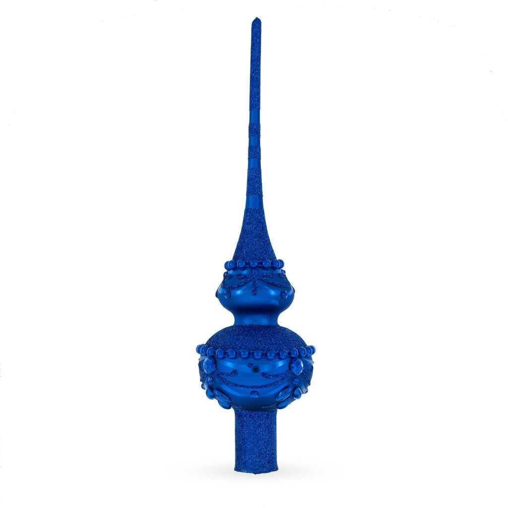 Dimensional Blue Jewels Chandelier on Red Glass Christmas Tree Topper 11 Inches