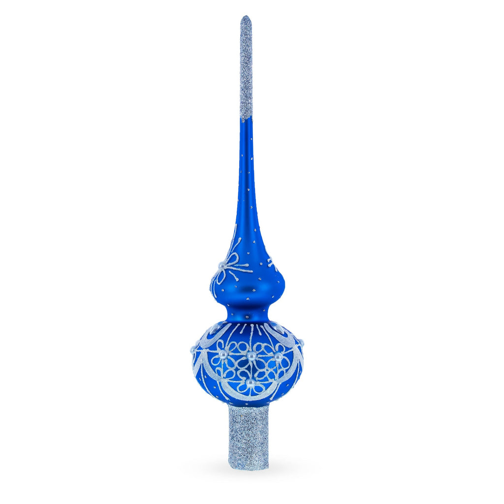 Dimensional White Pearls on Blue Glass Christmas Tree Topper 11 Inches