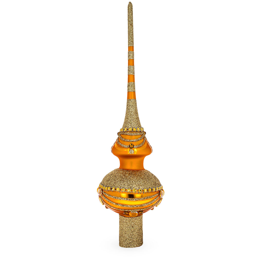 White and Golden Jewels on Sparkling Orange Glass Christmas Tree Topper 11 Inches