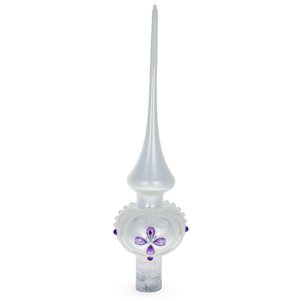 Purple Jewel Stars and Pearls on White Glass Christmas Tree Topper 11 Inches