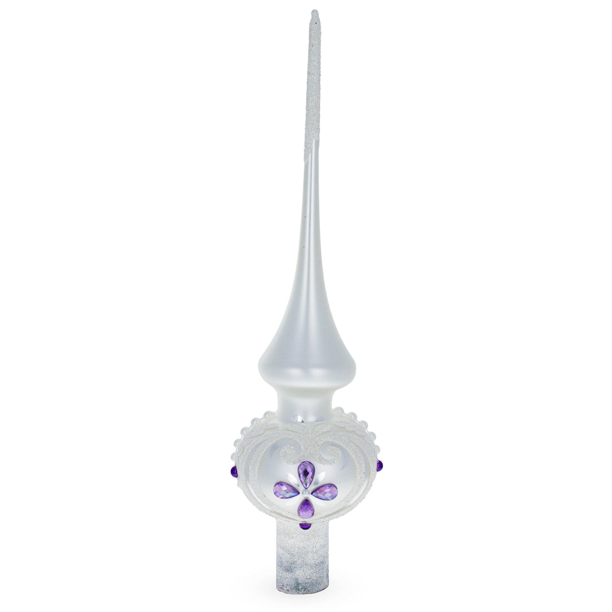 Purple Jewel Stars and Pearls on White Glass Christmas Tree Topper 11 Inches