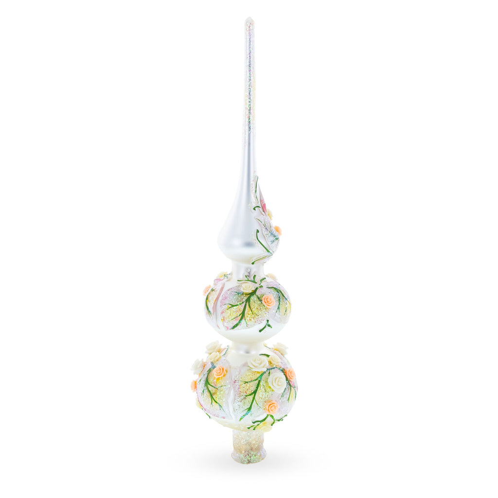 Pink and White Roses Bouquet on Double Ball Glass Christmas Tree Topper 12.5 Inches
