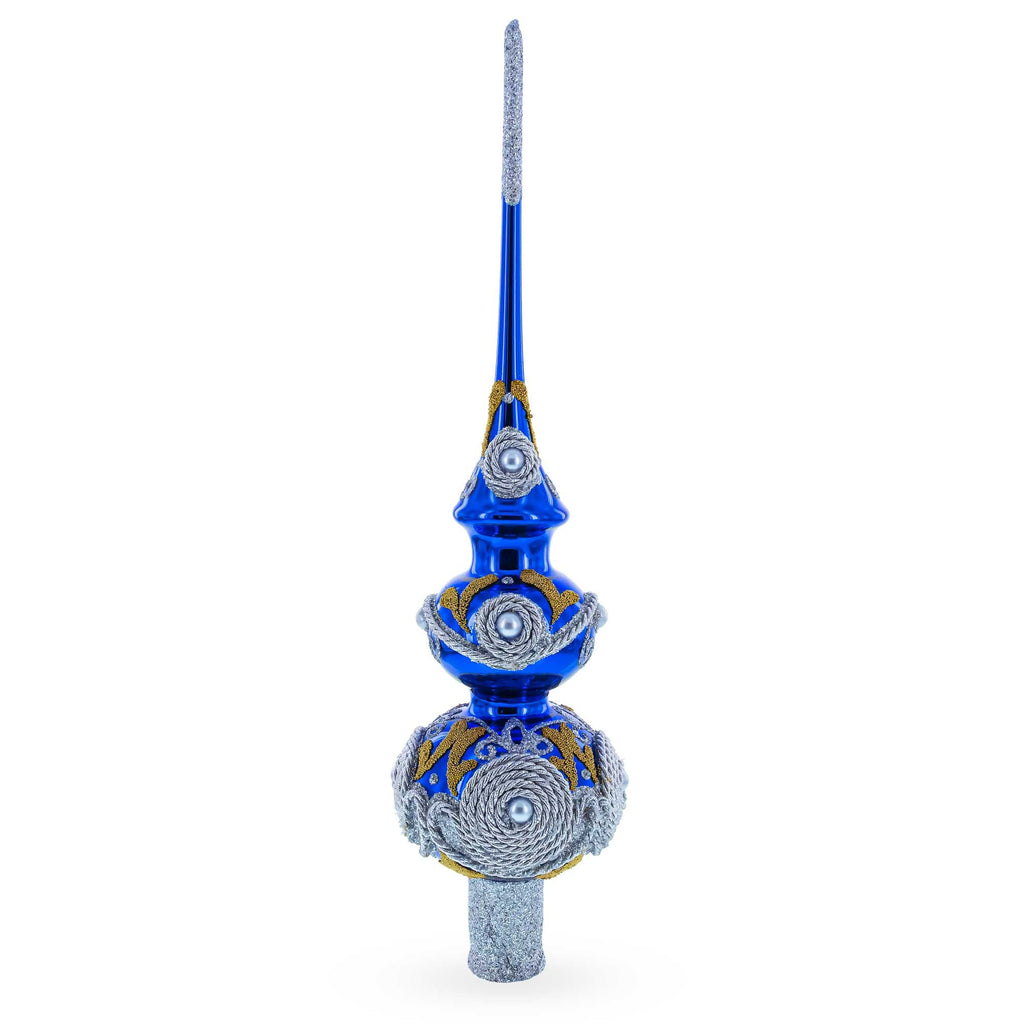 Pearls and Twisted Rope on Double Ball Blue Glass Christmas Tree Topper 12.5 Inches