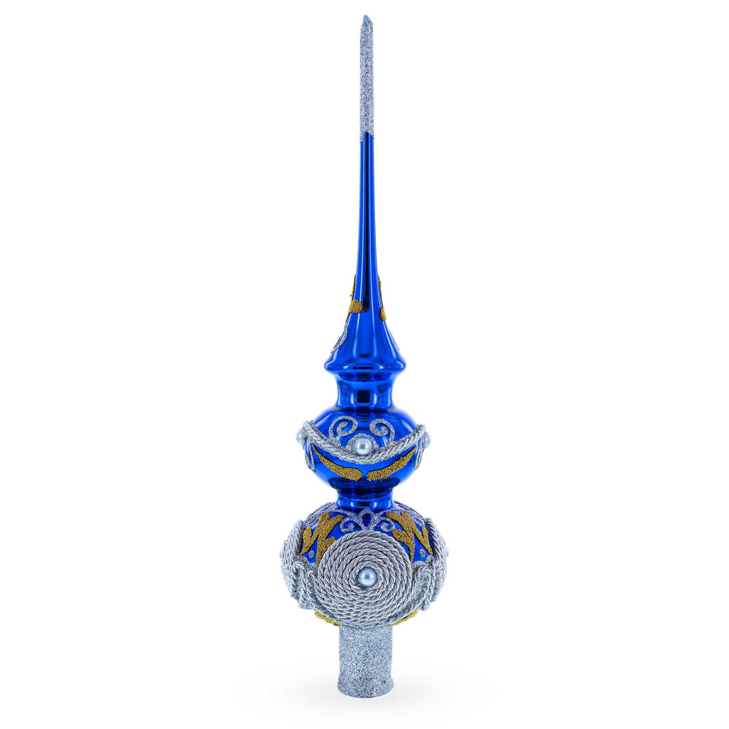 Pearls and Twisted Rope on Double Ball Blue Glass Christmas Tree Topper 12.5 Inches