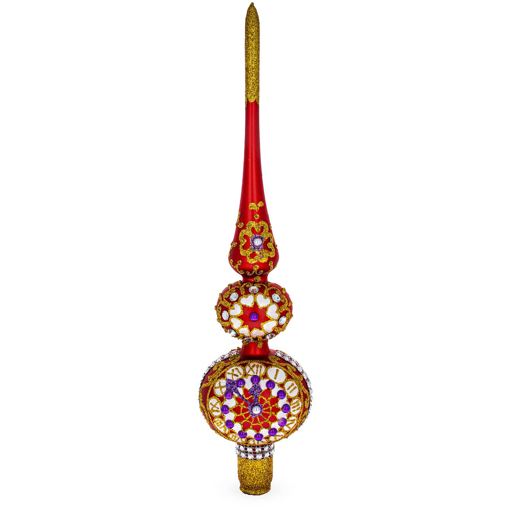 Embossed Clock on Glittered Double Ball Red Glass Christmas Tree Topper 12.5 Inches