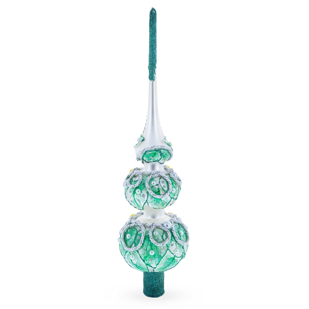 Dimensional Rope and Leaves on White Glass Christmas Tree Topper 12.5 Inches