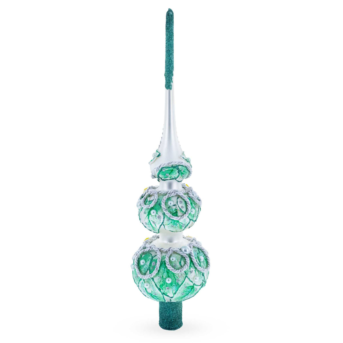 Dimensional Rope and Leaves on White Glass Christmas Tree Topper 12.5 Inches