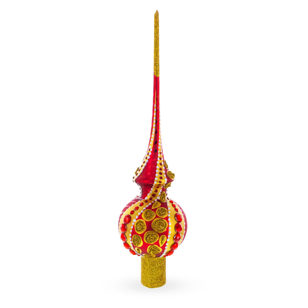 Dimensional Red Jewels on Golden Spirals Glass Christmas Tree Topper 11 Inches