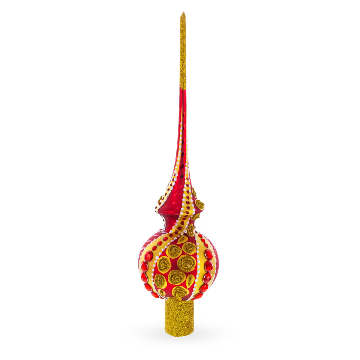 Dimensional Red Jewels on Golden Spirals Glass Christmas Tree Topper 11 Inches