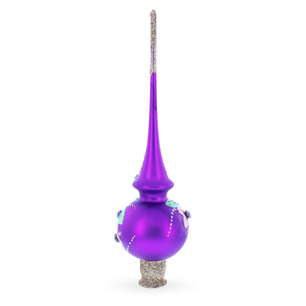 Dimensional Roses on Purple Glass Christmas Tree Topper 11 Inches