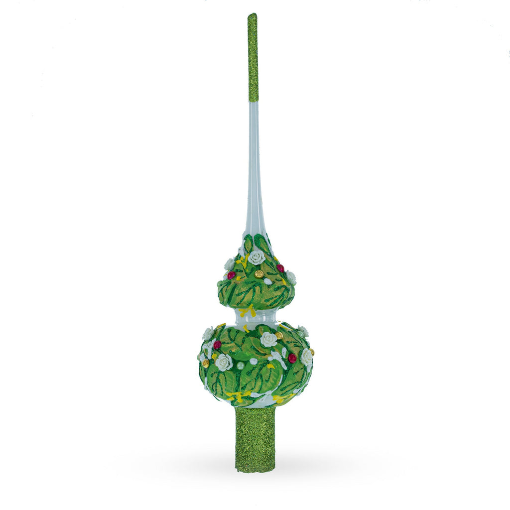 Dimensional White Roses on Green Leaves Glass Christmas Tree Topper 11 Inches