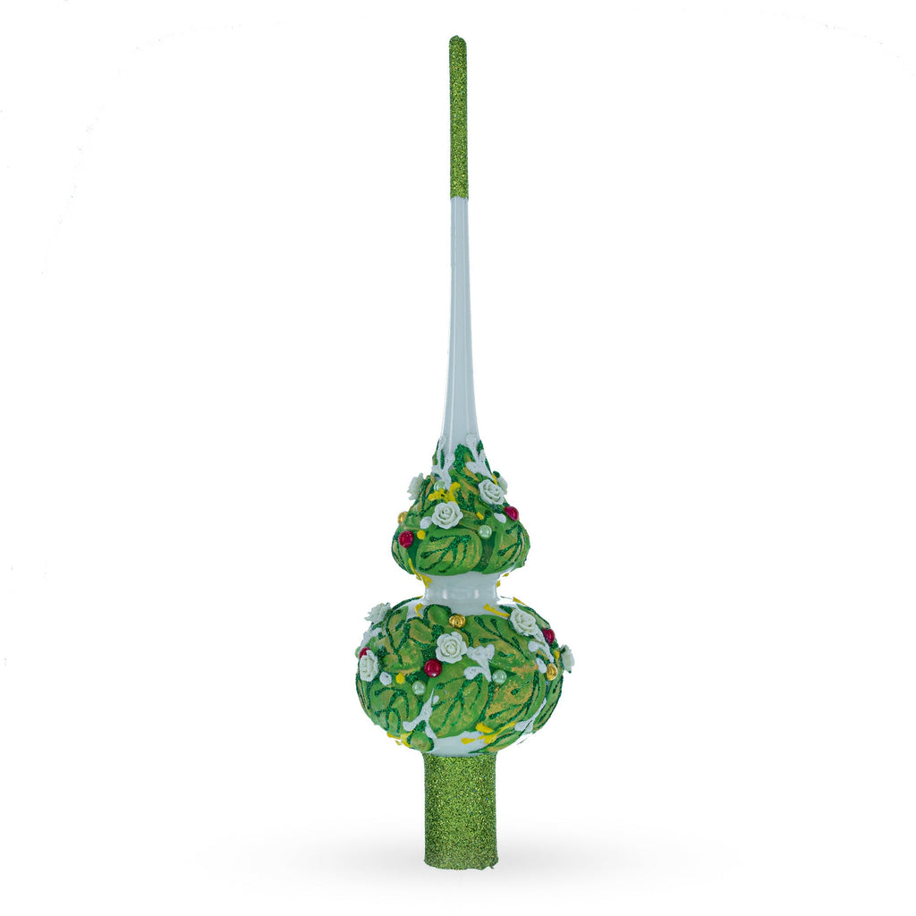 Dimensional White Roses on Green Leaves Glass Christmas Tree Topper 11 Inches