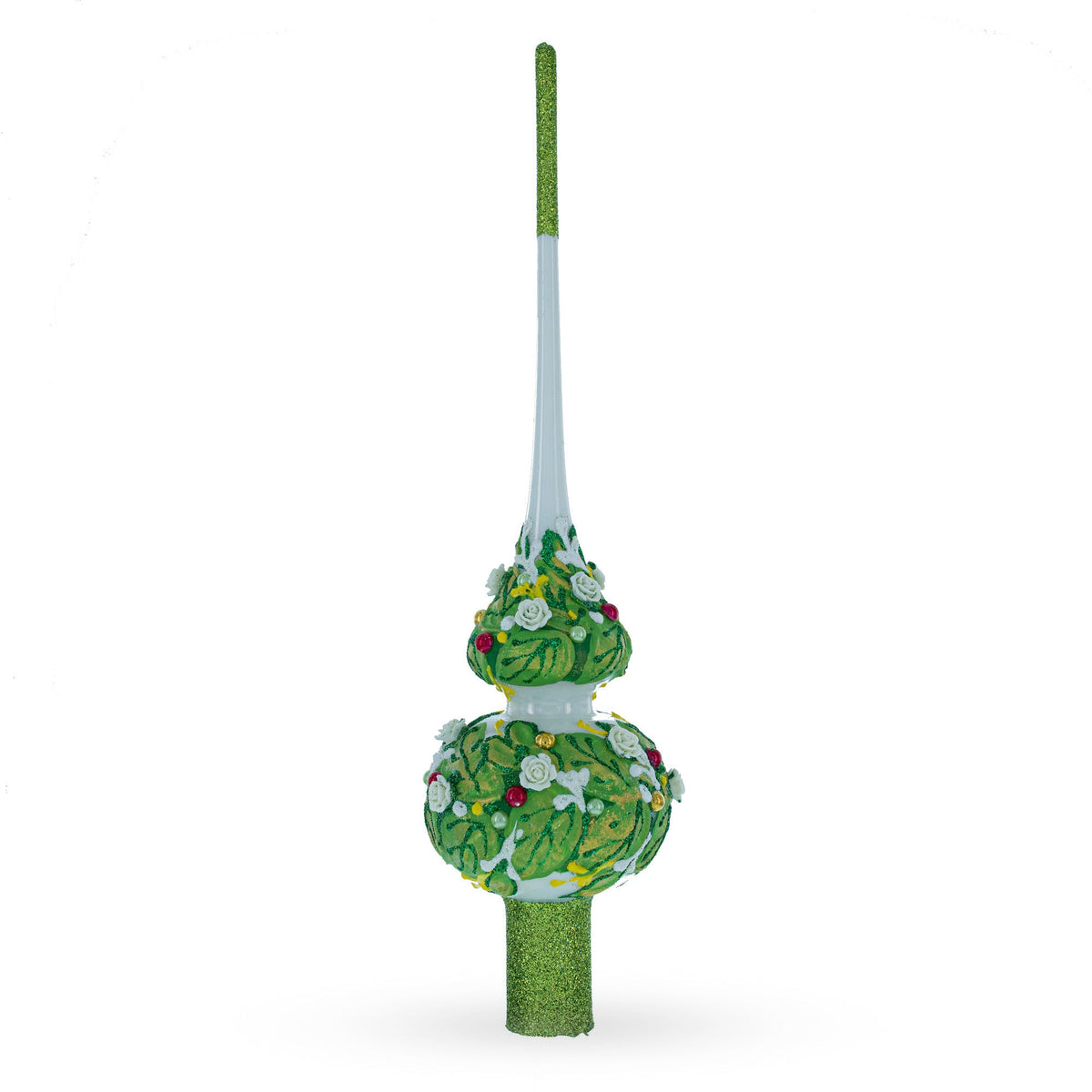 Dimensional White Roses on Green Leaves Glass Christmas Tree Topper 11 Inches