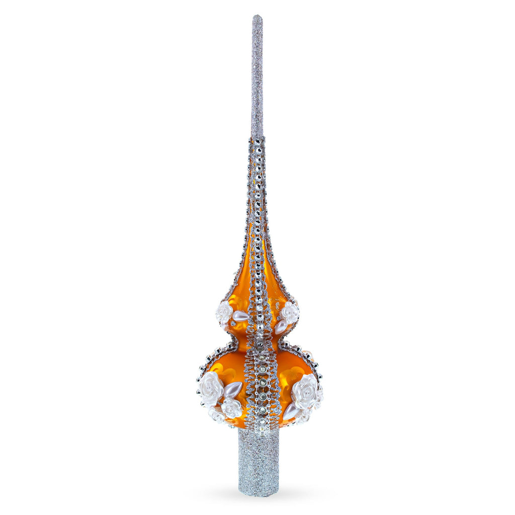Dimensional Pearl Roses on Gold Glass Christmas Tree Topper 11 Inches
