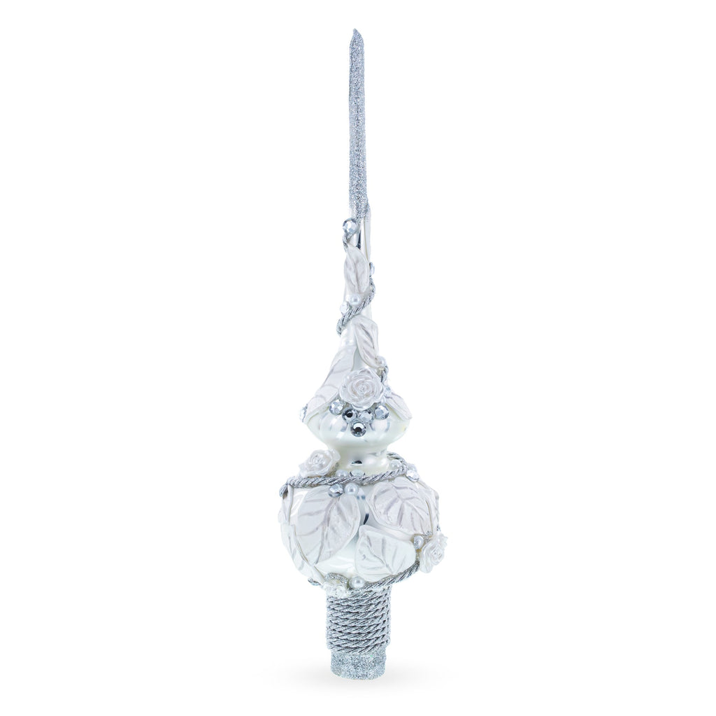 White Roses with Leaves on White Glass Christmas Tree Topper 11 Inches
