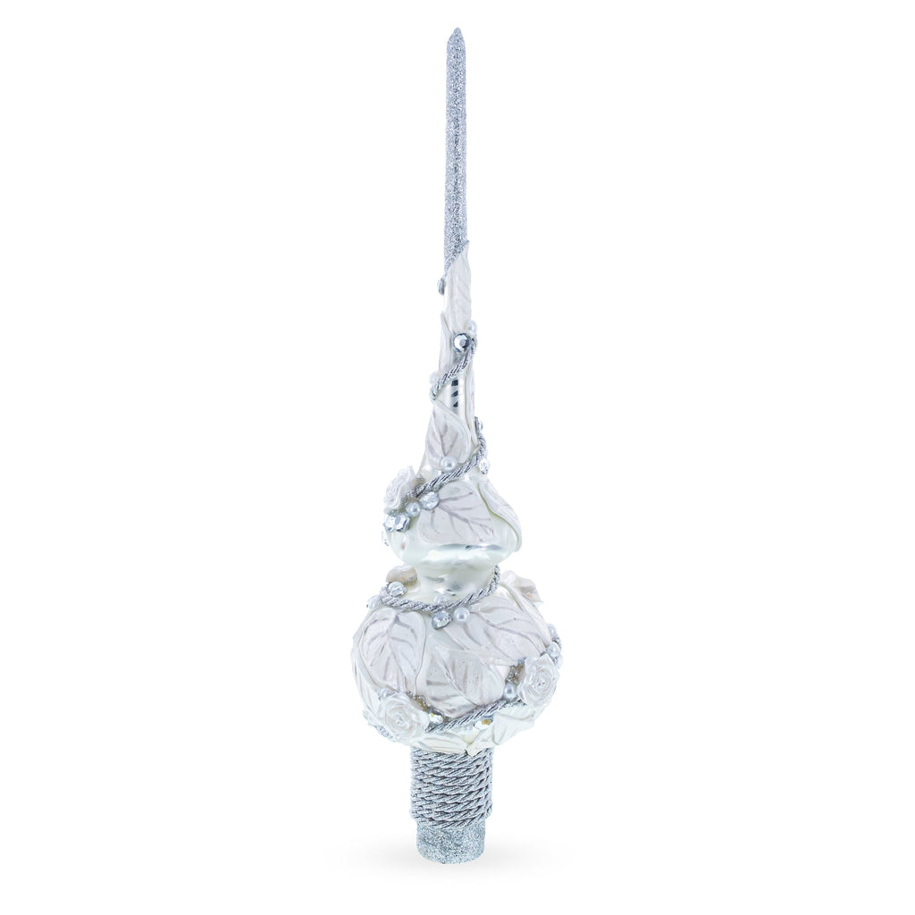 White Roses with Leaves on White Glass Christmas Tree Topper 11 Inches