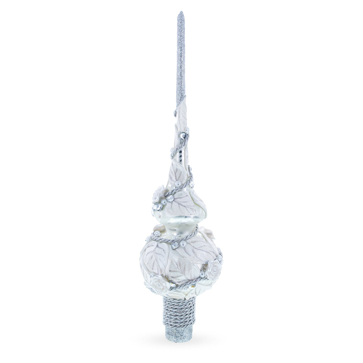 White Roses with Leaves on White Glass Christmas Tree Topper 11 Inches