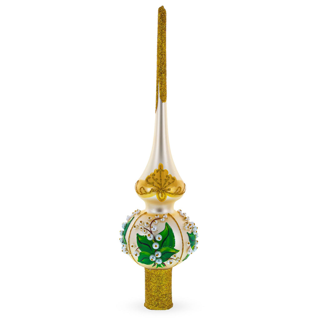Lily of the Valley Flowers on Beige Glass Christmas Tree Topper 11 Inches