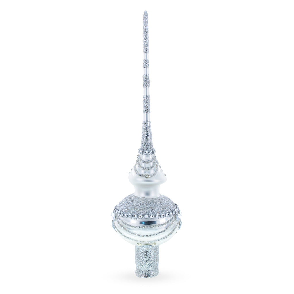 Dimensional White Jewels on White Glass Christmas Tree Topper 11 Inches