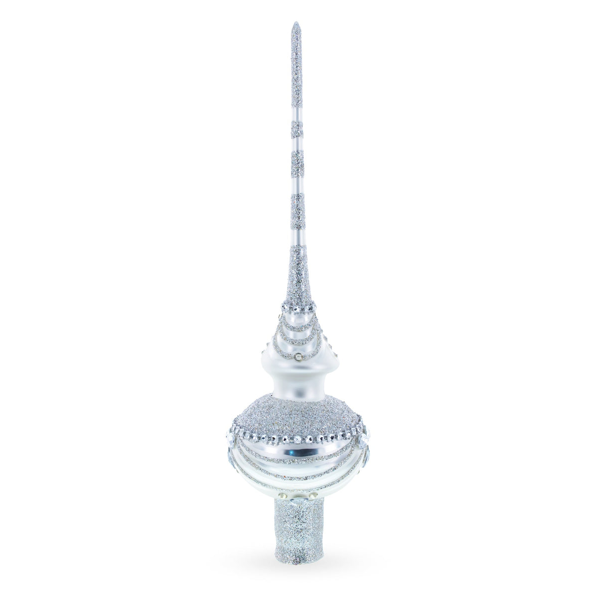 Dimensional White Jewels on White Glass Christmas Tree Topper 11 Inches
