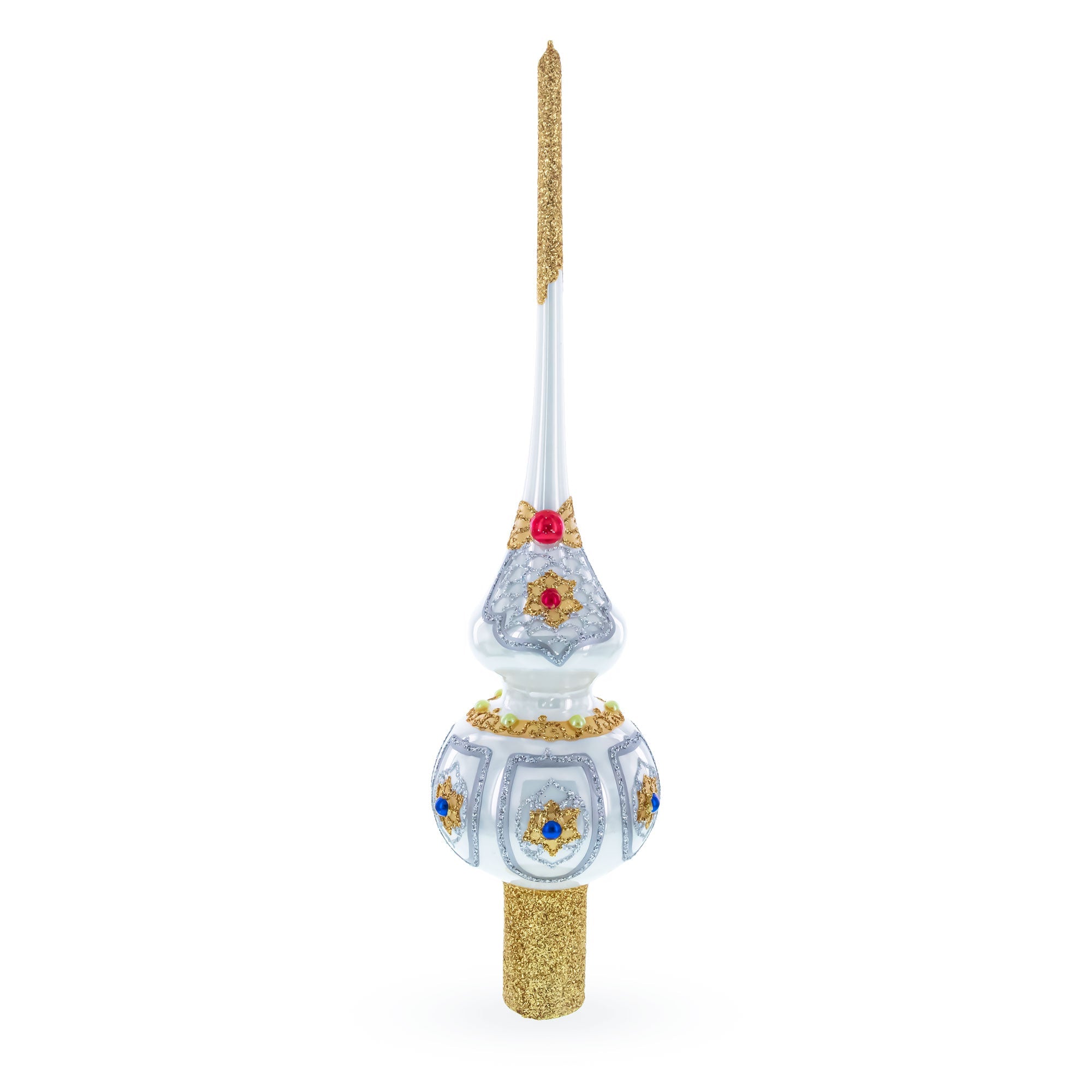 Dimensional Blue and Red Jewels on Silver Glass Christmas Tree Topper 11 Inches