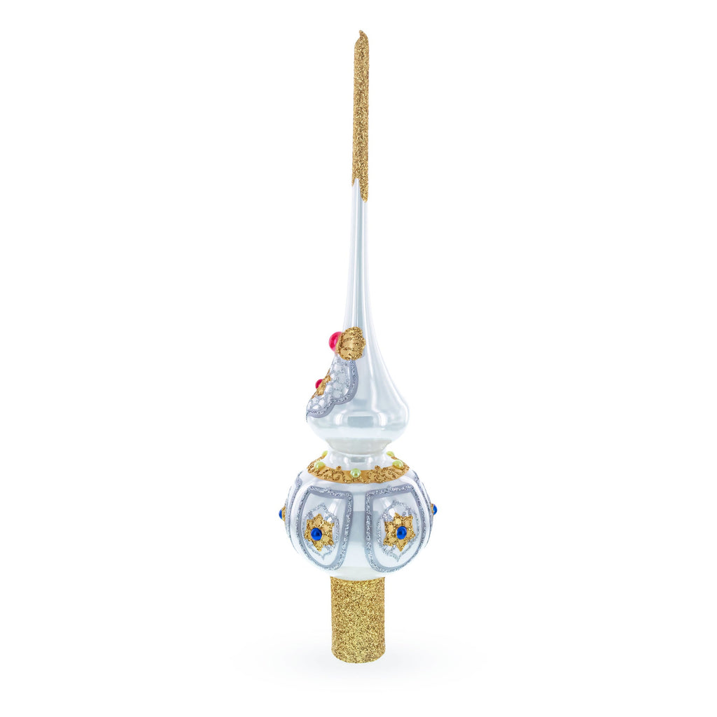 Dimensional Blue and Red Jewels on Silver Glass Christmas Tree Topper 11 Inches