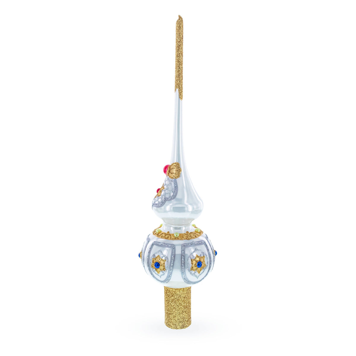 Dimensional Blue and Red Jewels on Silver Glass Christmas Tree Topper 11 Inches