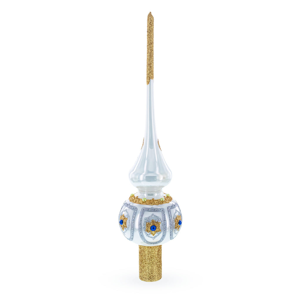 Dimensional Blue and Red Jewels on Silver Glass Christmas Tree Topper 11 Inches