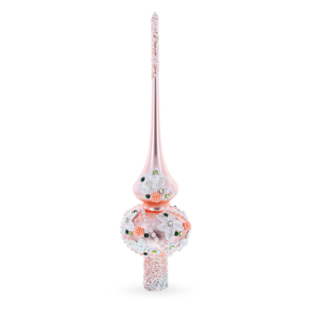 Pink Flowers on Metallic Rose Pink Glass Christmas Tree Topper 11 Inches