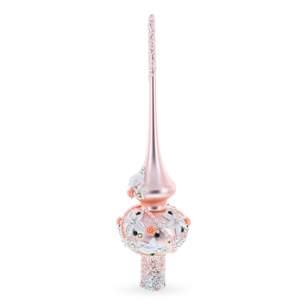 Pink Flowers on Metallic Rose Pink Glass Christmas Tree Topper 11 Inches