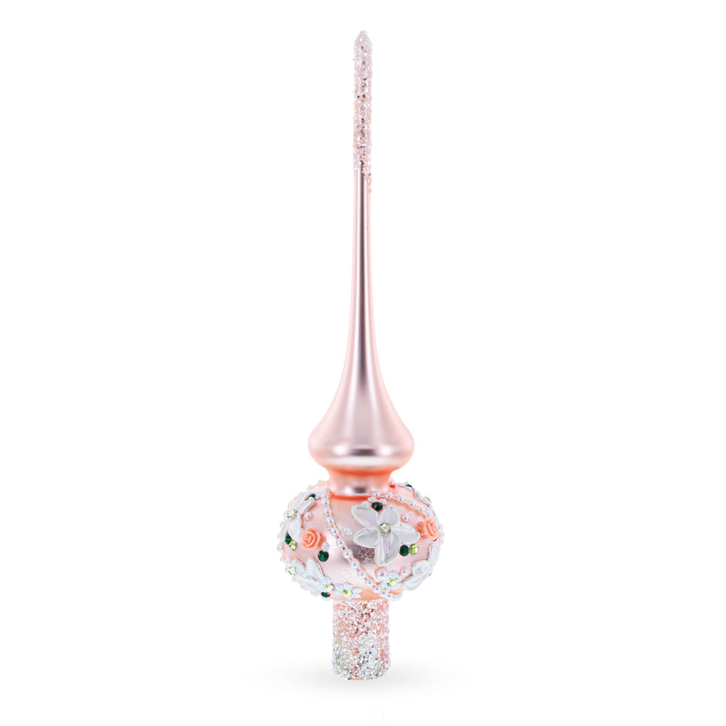 Pink Flowers on Metallic Rose Pink Glass Christmas Tree Topper 11 Inches