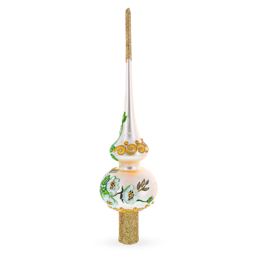 White Flowers Bouquet on Beige Glass Christmas Tree Topper 11 Inches