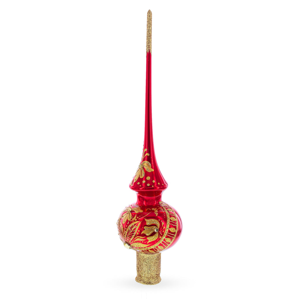 Golden Flowers Bouquet on Glossy Red Glass Christmas Tree Topper 11 Inches